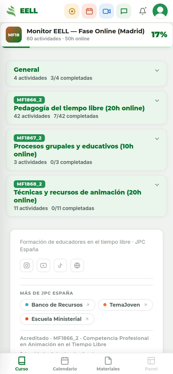 La portada del curso: unidades, progreso y próximos presenciales.