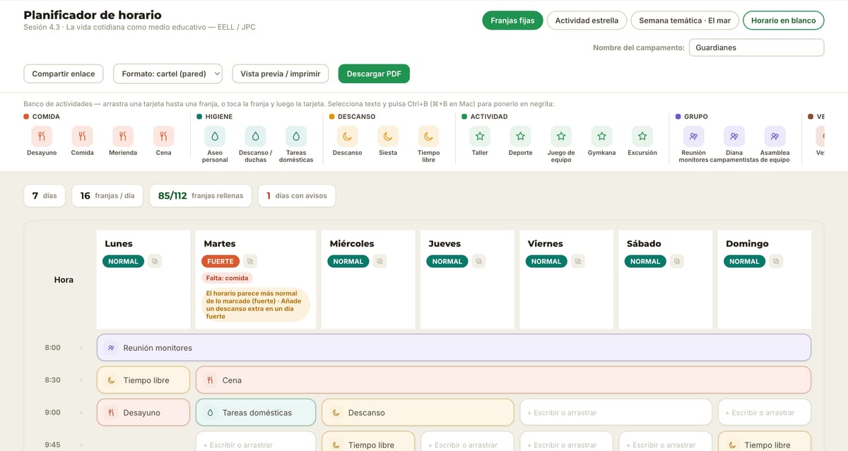 El horario completo, con el banco de actividades por categorías.